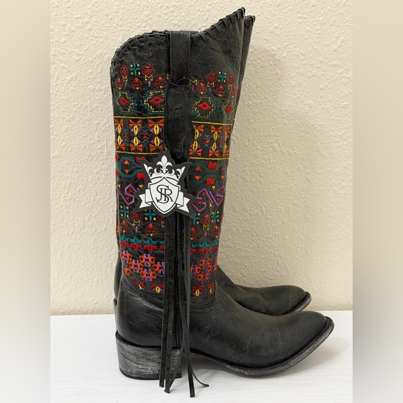 Johnny Ringo Sagrada Black Colorful Embroidered Tall Fringe Western Cowboy Boots - Picture 10 of 12
